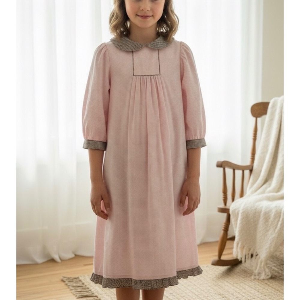 Beaux et Belles Pink Micro Gingham Vintage Style Nightgown Brown Trim Size 8